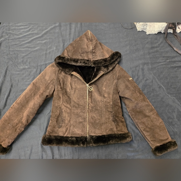 Baby fat brown suede faux fur lined jacket/coat size large - Picture 13 of 15